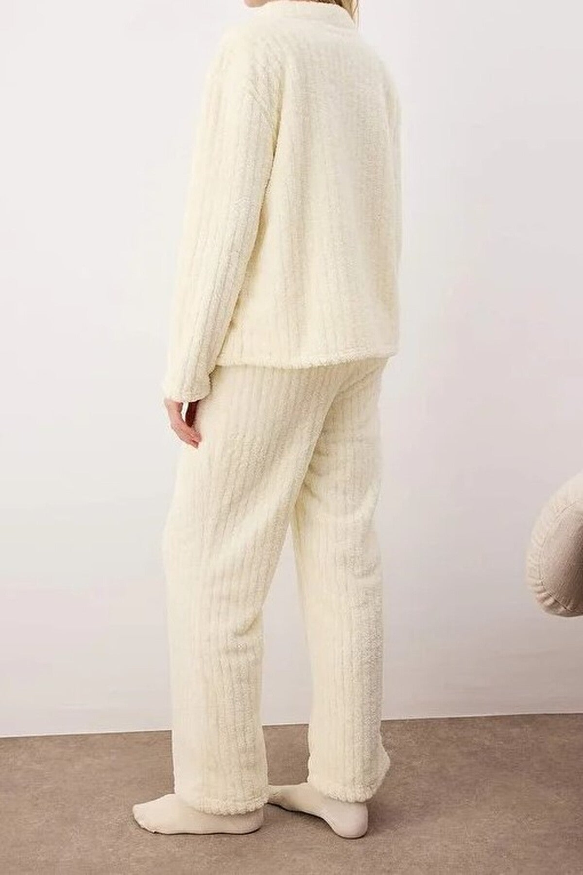 Ecru Floral Embroidered V Neck Button Through Ribbed Knit Pyjama Set, Image 3 of 3
