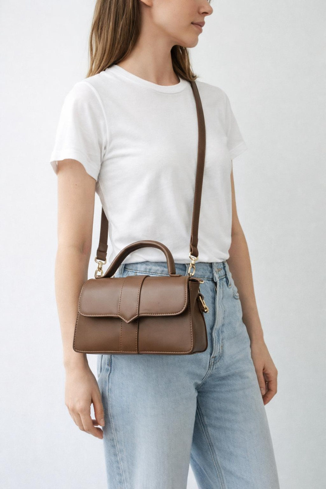 Brown Small Crossbody Hard Top Handle Bag in Brown, Image 1 of 6