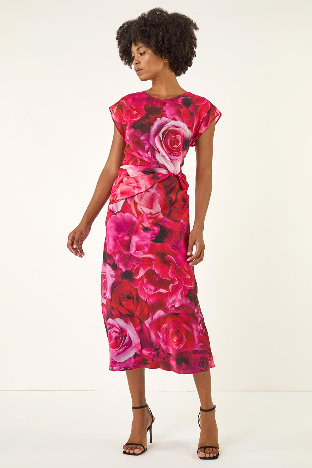 Dionne Angel Sleeve Twist Detail Dress Botanic Print Pink/Rose