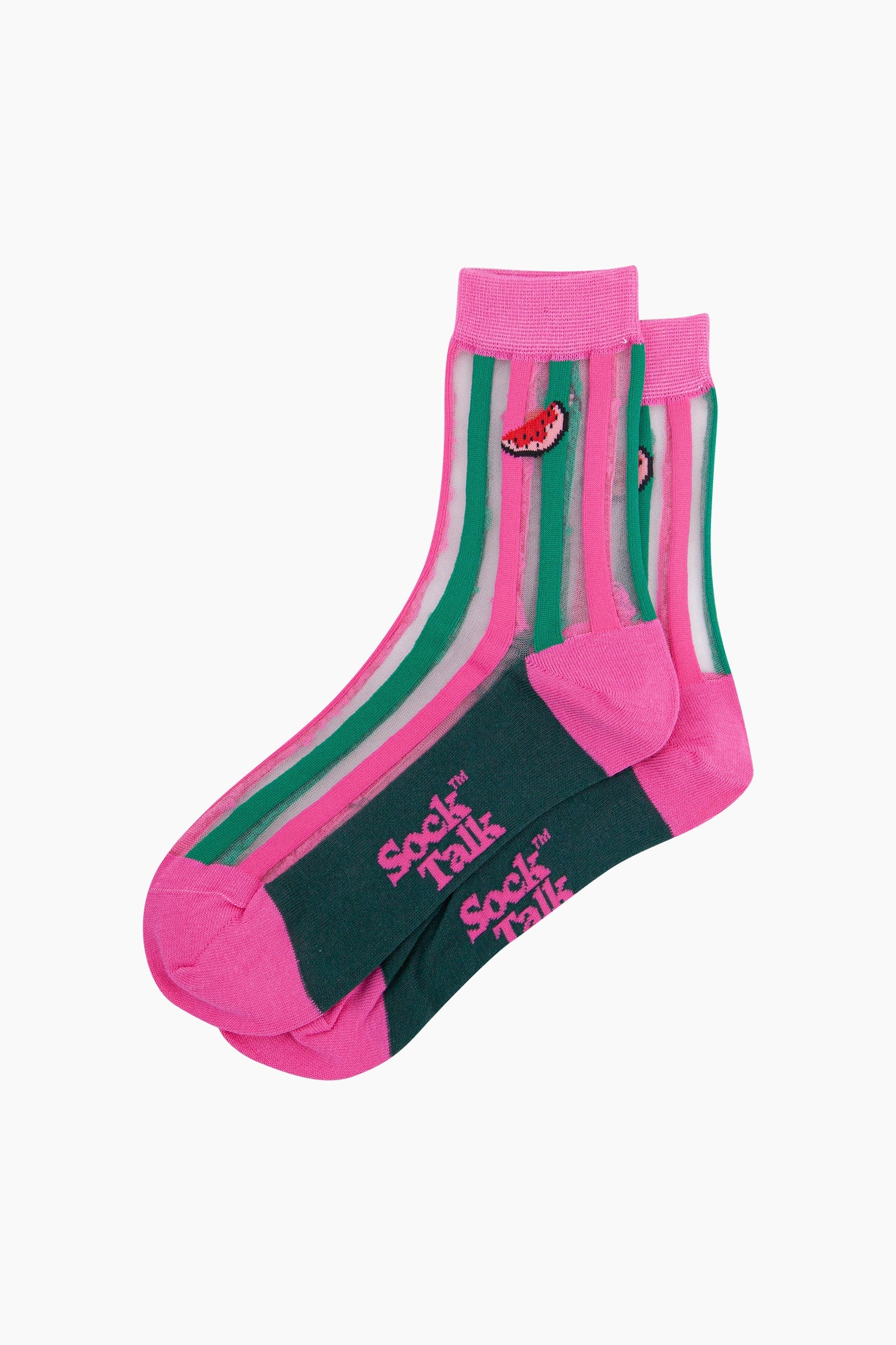 Multi Watermelon Stripes Combed Cotton Sheer Pop Socks in Pink, Image 3 of 4