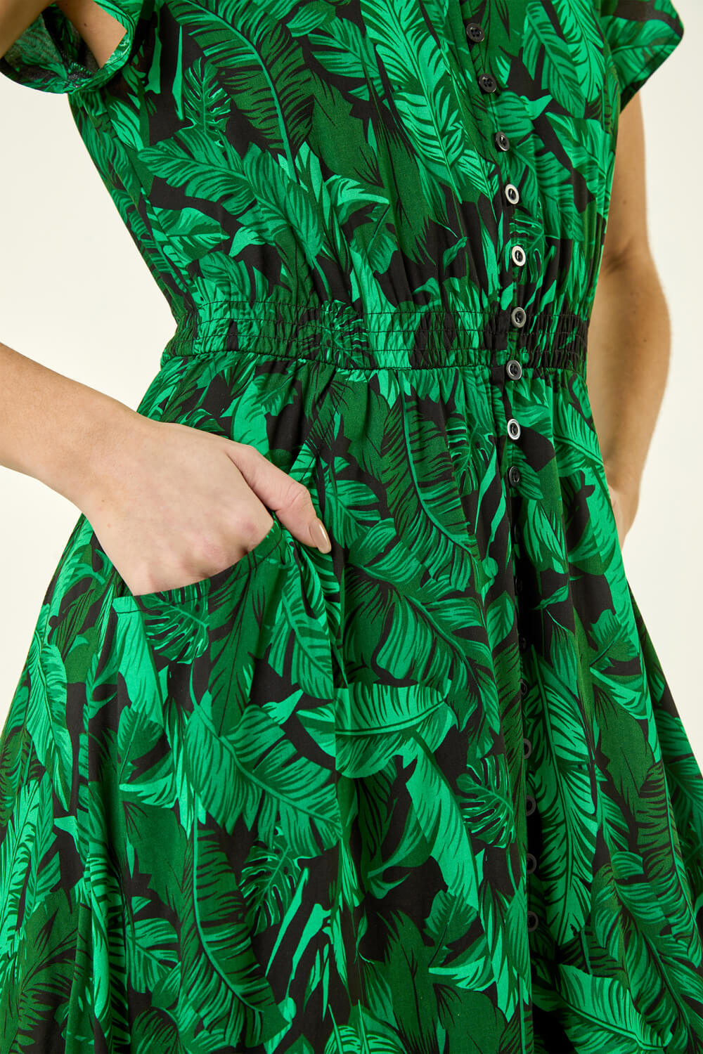 Green Tropical Leaf Print V-Neck Midi Dress, Image 6 of 5