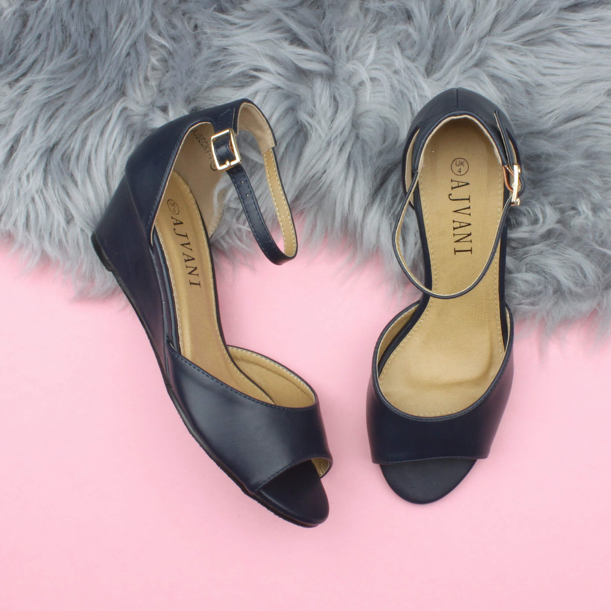 Navy Blue AJVANI Navy Blue Mid Wedge Heel Ankle Strap Sandals, Image 4 of 6