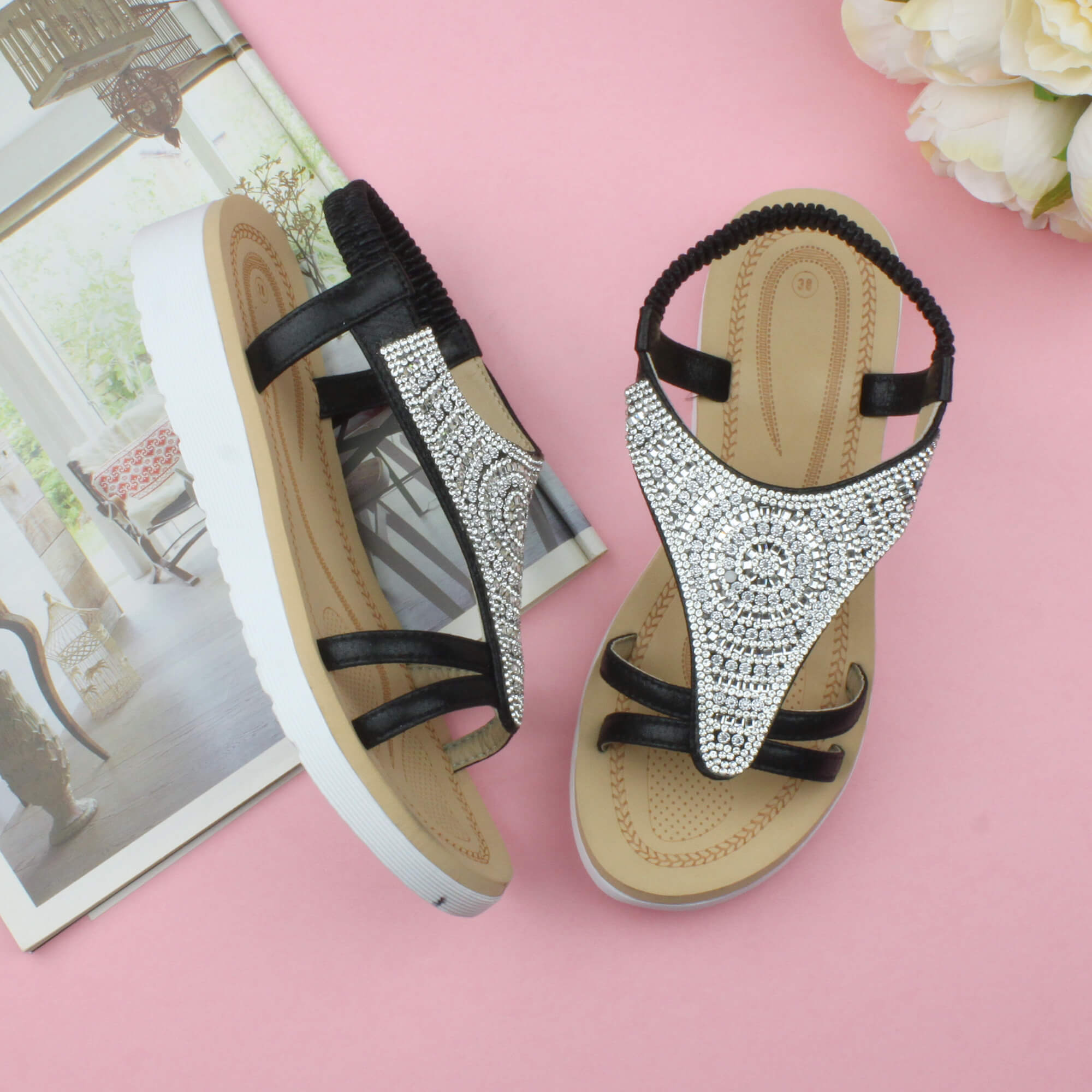 Black AJVANI Black Flatform Diamante T-Bar Slingback Sandals, Image 4 of 6