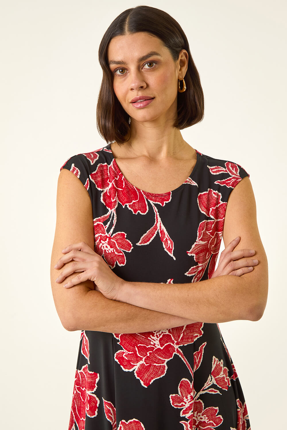 Black Floral Print Stretch Midi Dress, Image 5 of 5