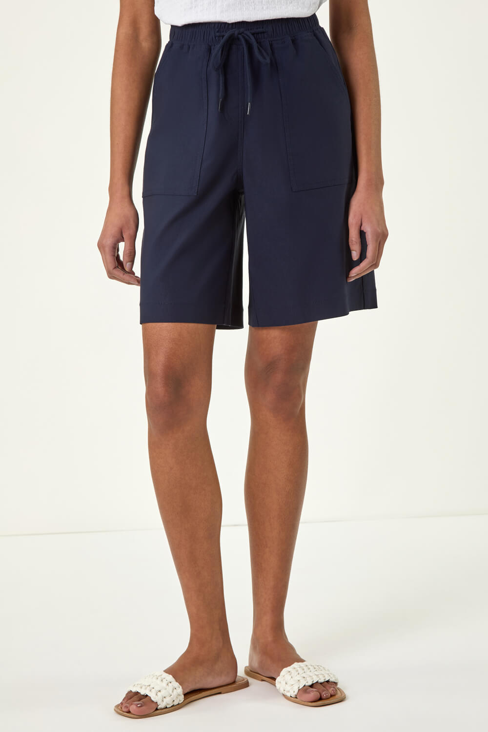 Navy Drawcord Detail Pocket Stretch Shorts, Image 5 of 5