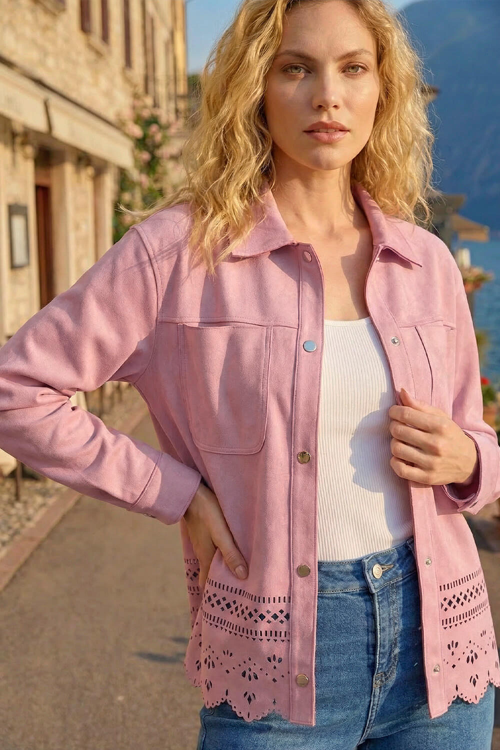 Light Pink Faux Suede Cut Out Shacket , Image 1 of 4