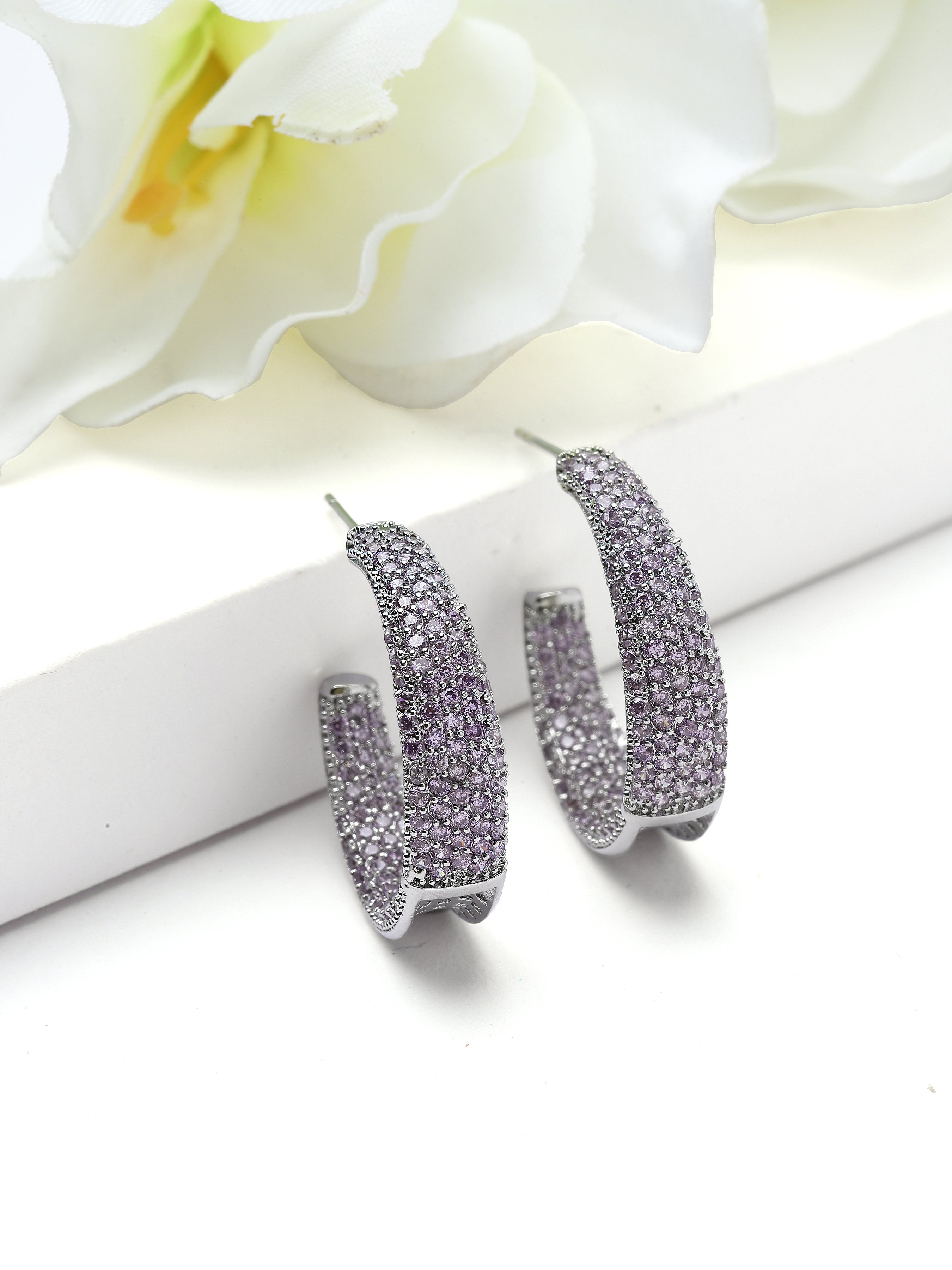 Silver Pavé Tapered Hoop Earrings, Image 3 of 3