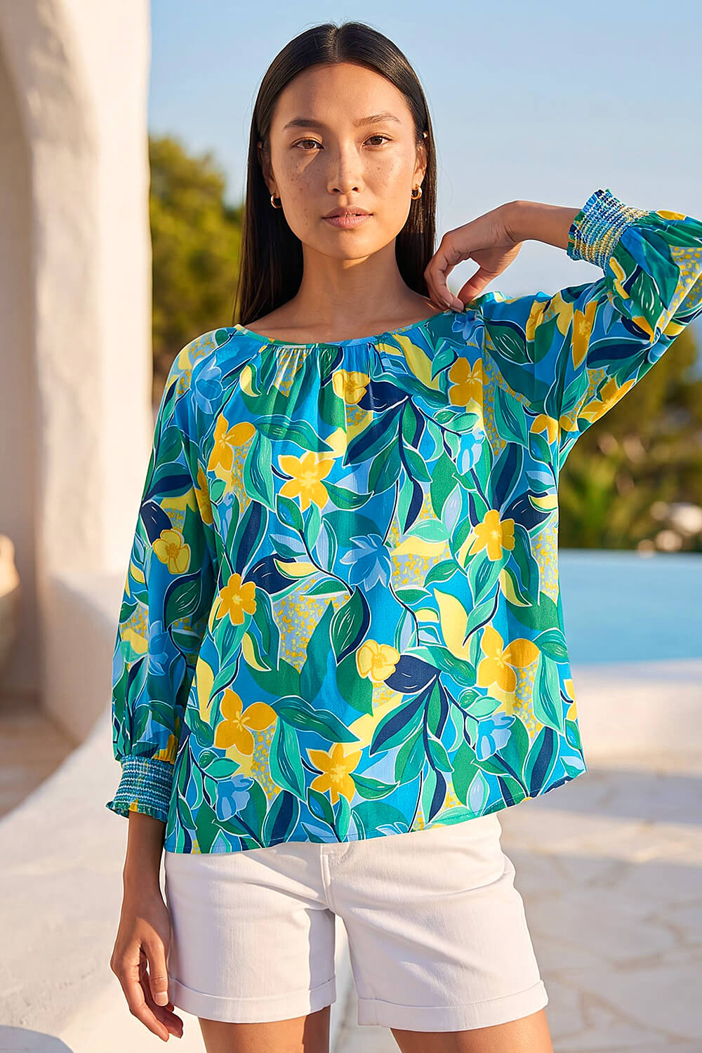 Blue Leaf Print 3/4 Sleeve Top, Image 1 of 4