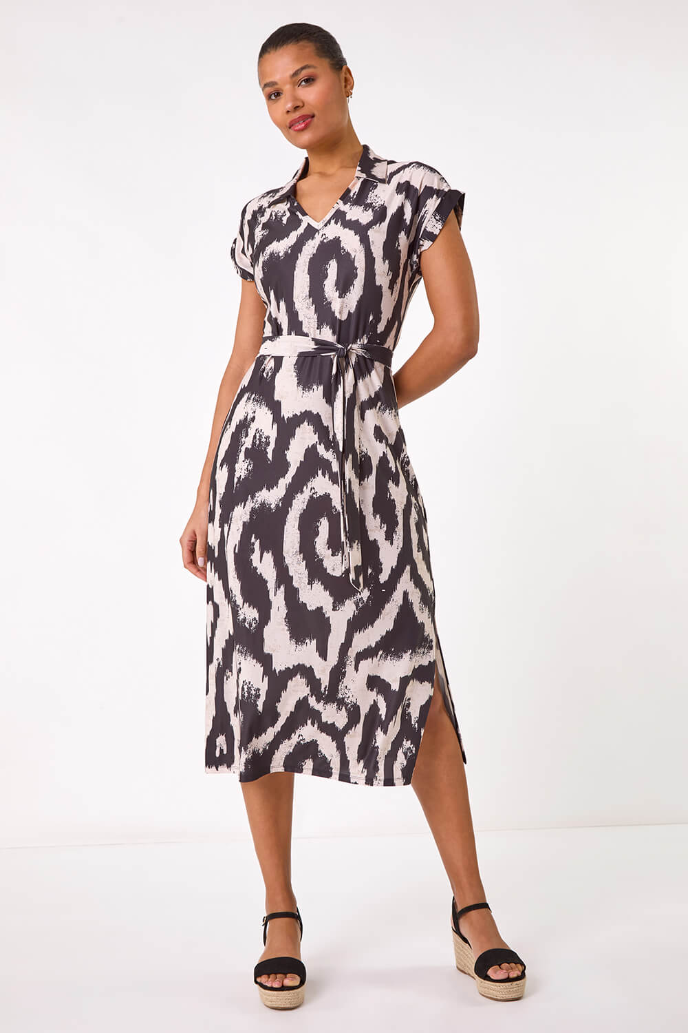 Beige Abstract Print Belted Stretch Midi Dress, Image 3 of 5