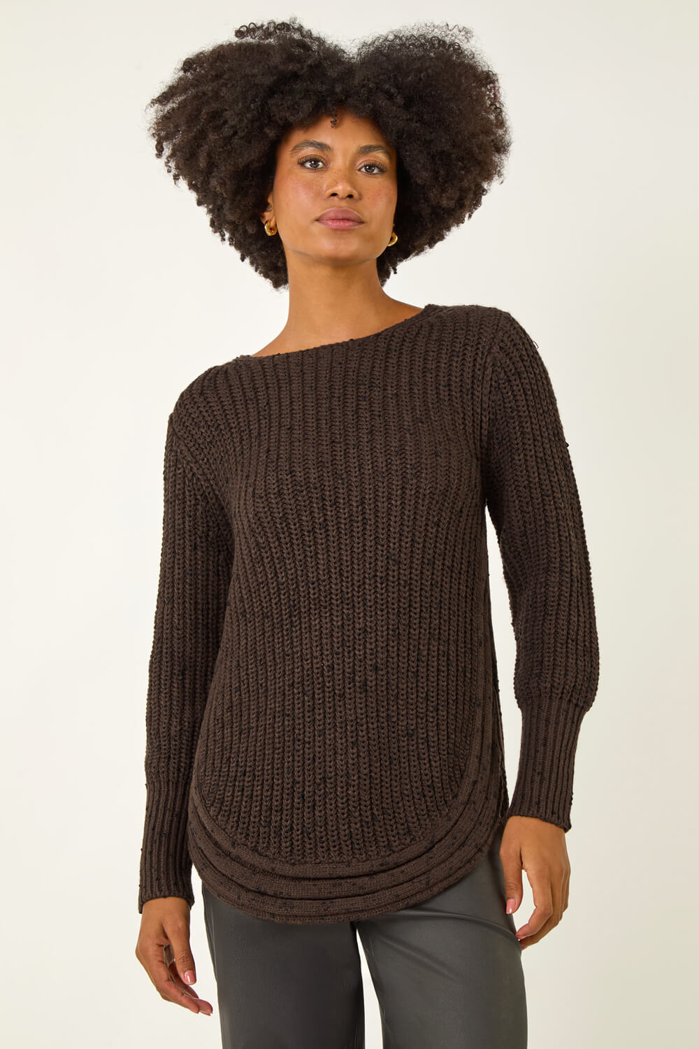 Chocolate Curved Hem Stitch Knit Jumper, Image 1 of 6