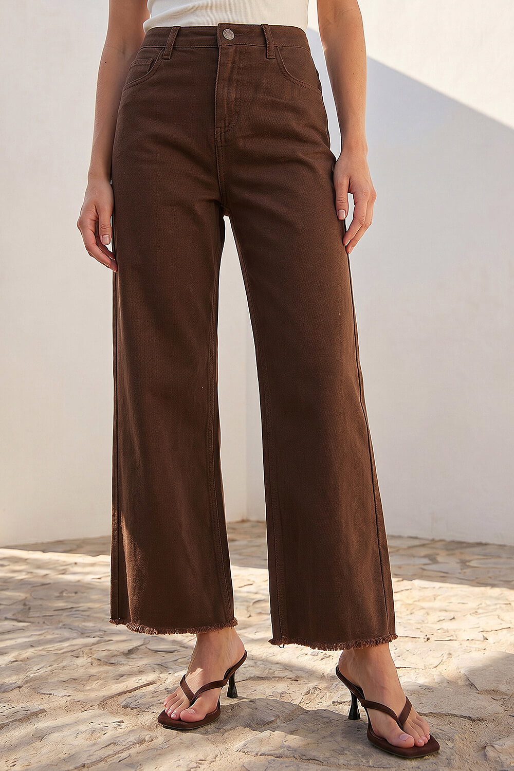 Chocolate Petite Frayed Hem Stretch Trouser , Image 3 of 4