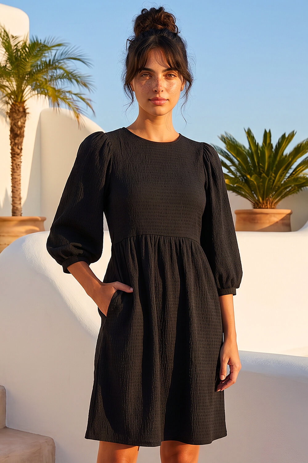Black Dusk Textured Blouson Puff Sleeve Dress, Image 1 of 4
