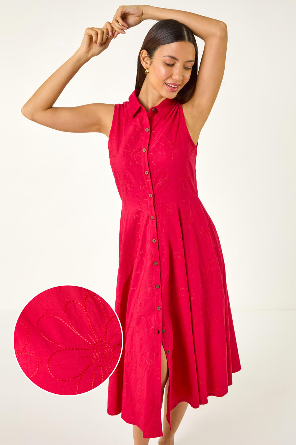 Red Embroidered Buttoned Midi Dress, Image 1 of 5