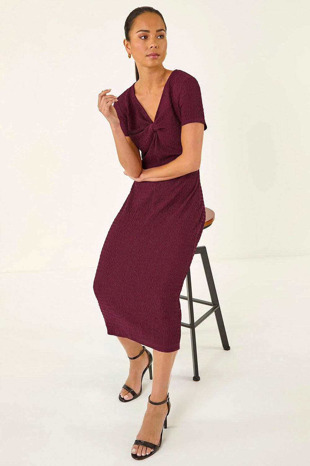 Wine Petite Textured Twist Midi Dress, Image 4 of 6