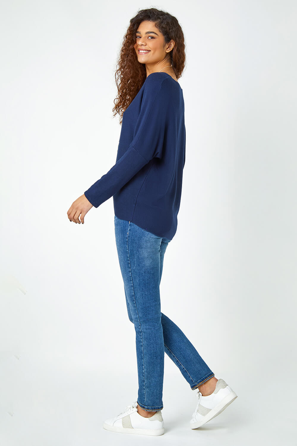 Navy Necklace Detail Stretch Knit Top, Image 4 of 5