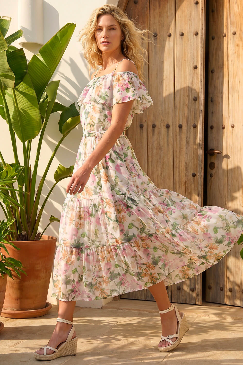 knee length dresses for ladies Shirred Chiffon Floral Bardot Midi Dress - Multi main image 0