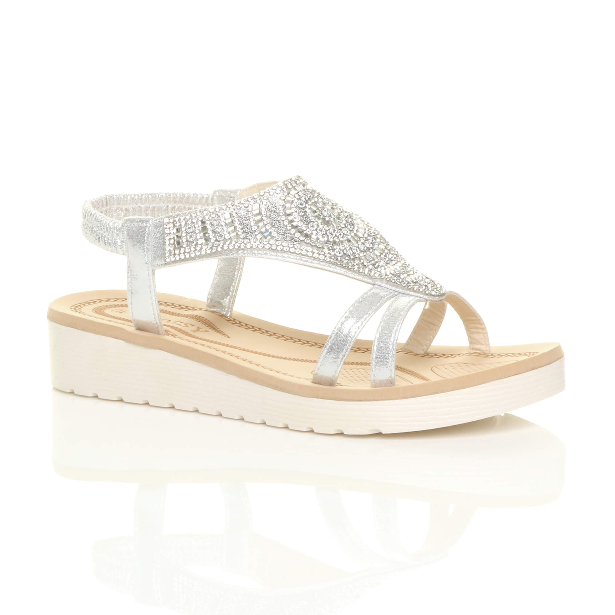 Silver AJVANI Silver Flatform Diamante T-Bar Slingback Sandals, Image 1 of 6