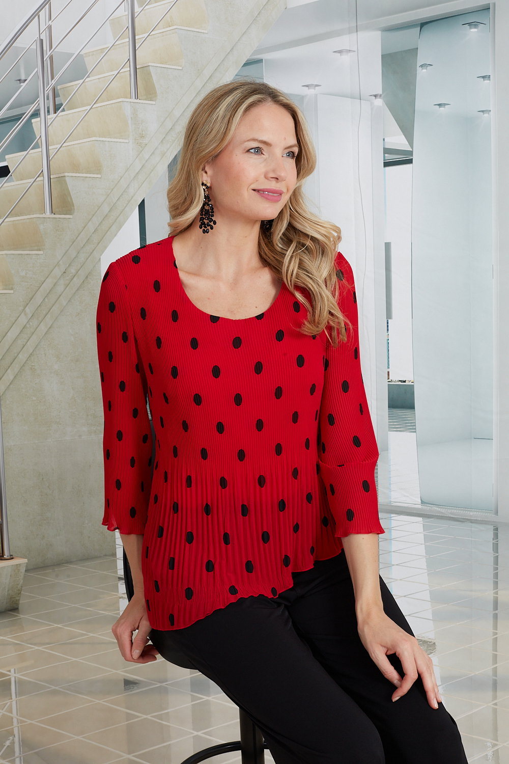 Red Julianna Spot Print Pleated Asymmetric Top, Image 1 of 3