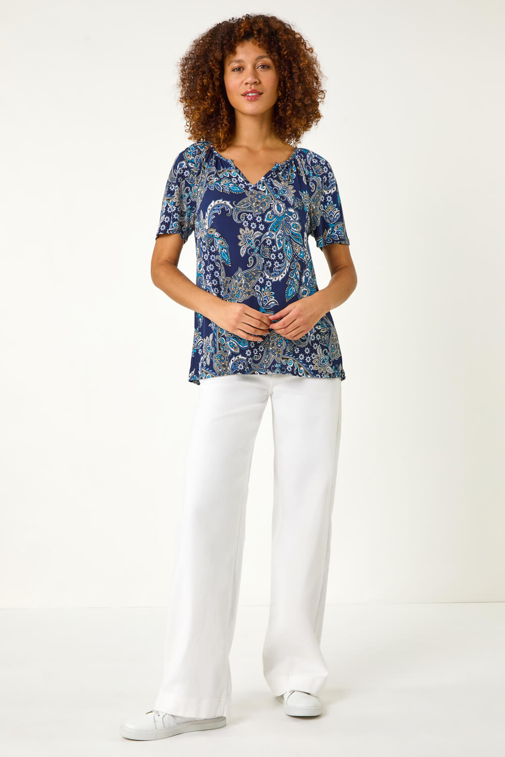 Blue Paisley Print Gathered Stretch Top, Image 3 of 5