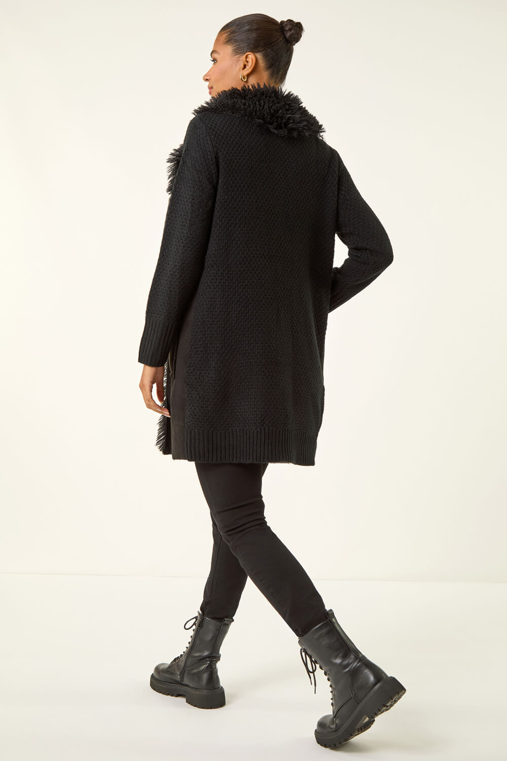 Black Longline Faux Shearling Knit Coatigan, Image 4 of 5