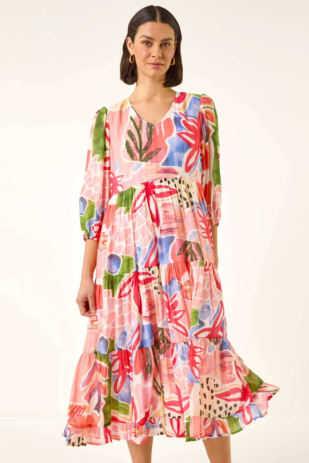 Red Abstract Print Tiered Dress, Image 3 of 5