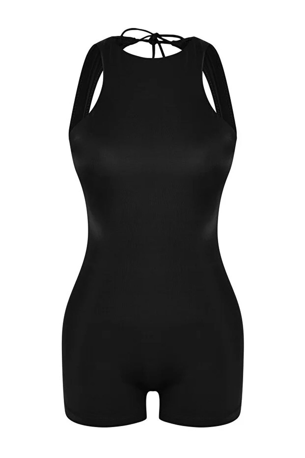 Black High Neck Sleeveless Fitted Swim Playsuit, Image 2 of 3