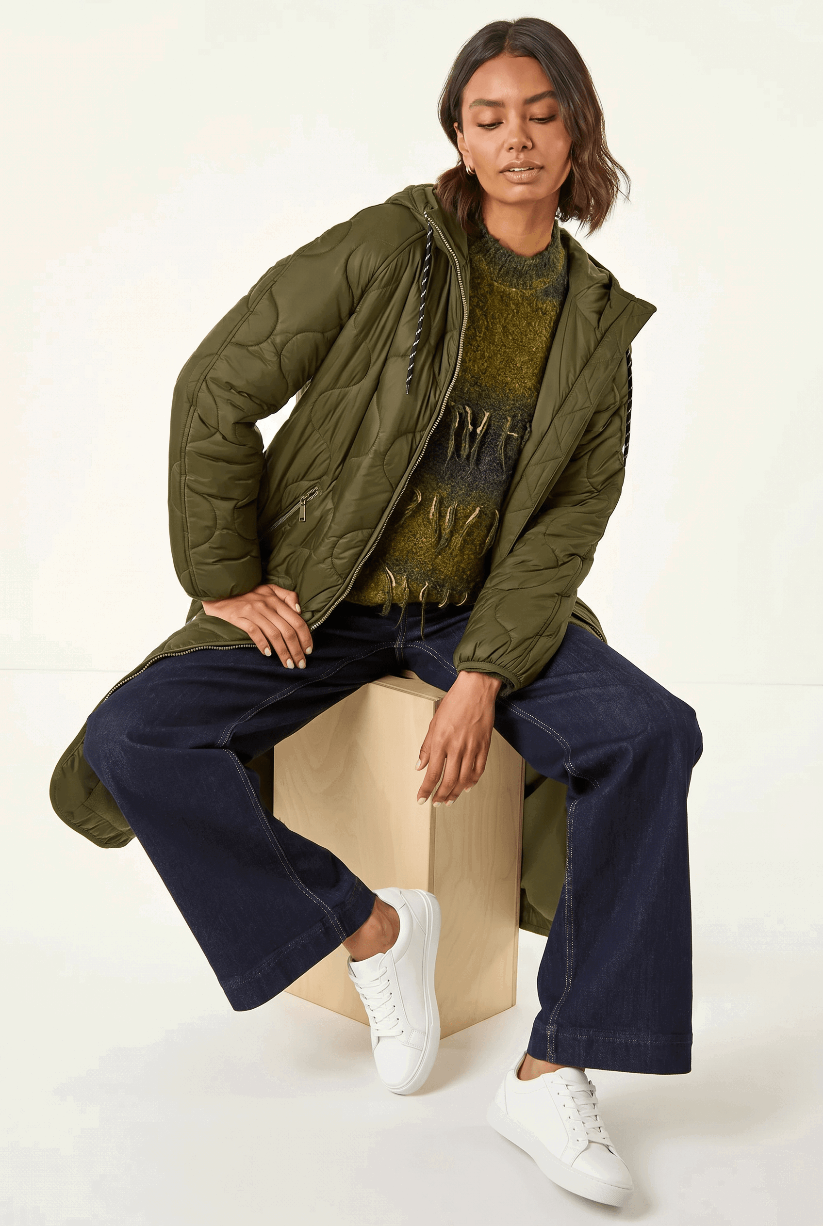 Khaki Fleece Lined Quilted Hooded Coat, Image 3 of 6