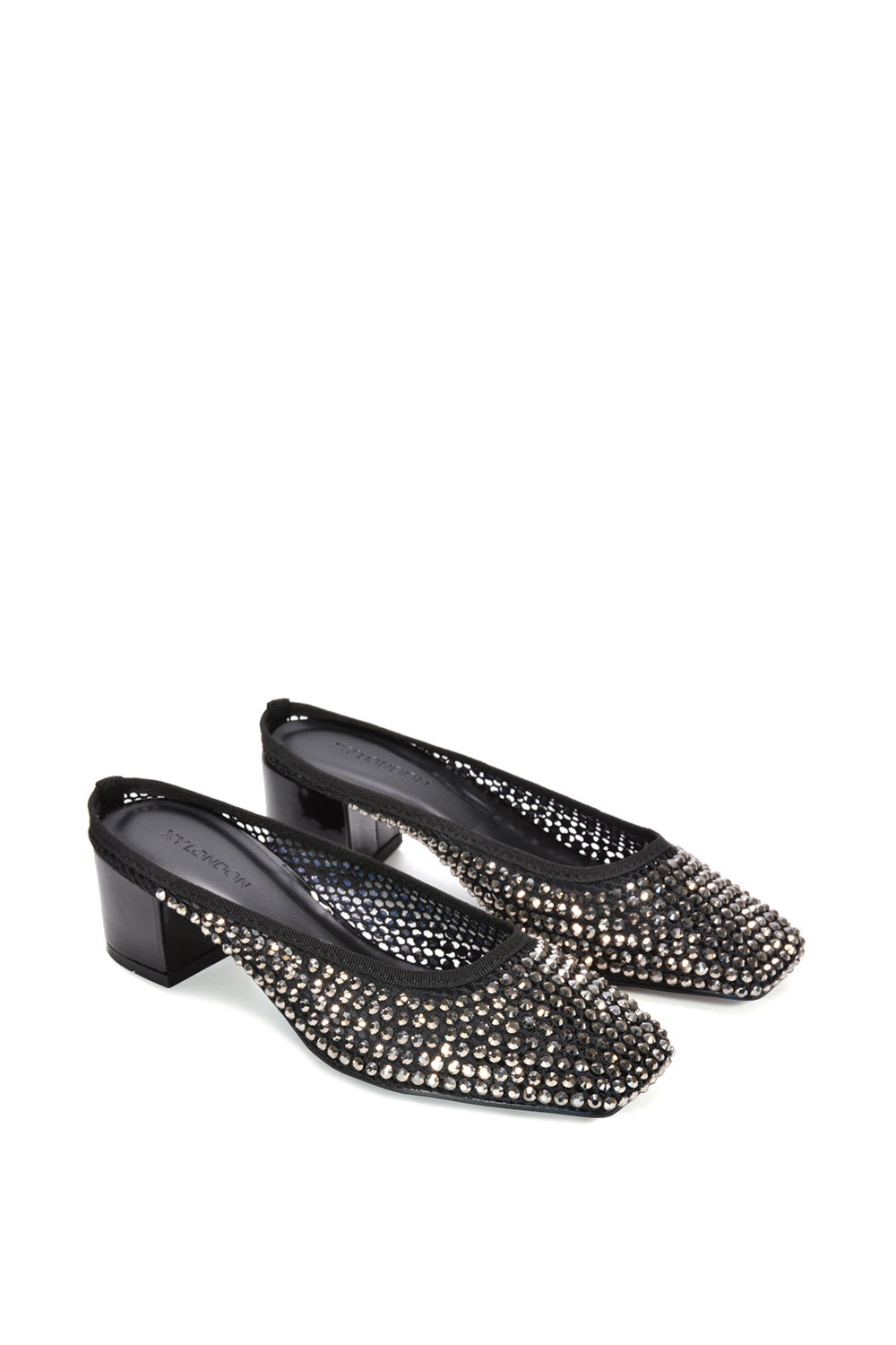 Black XY LONDON Black 'Brooklyn' Square Toe Court Shoe Mule Block Heels With Crystal Mesh, Image 5 of 6