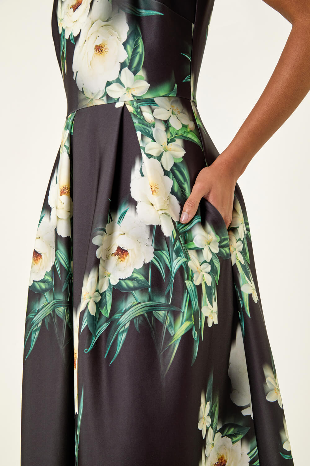 Black Floral Motif Premium Stretch Midi Dress, Image 6 of 5