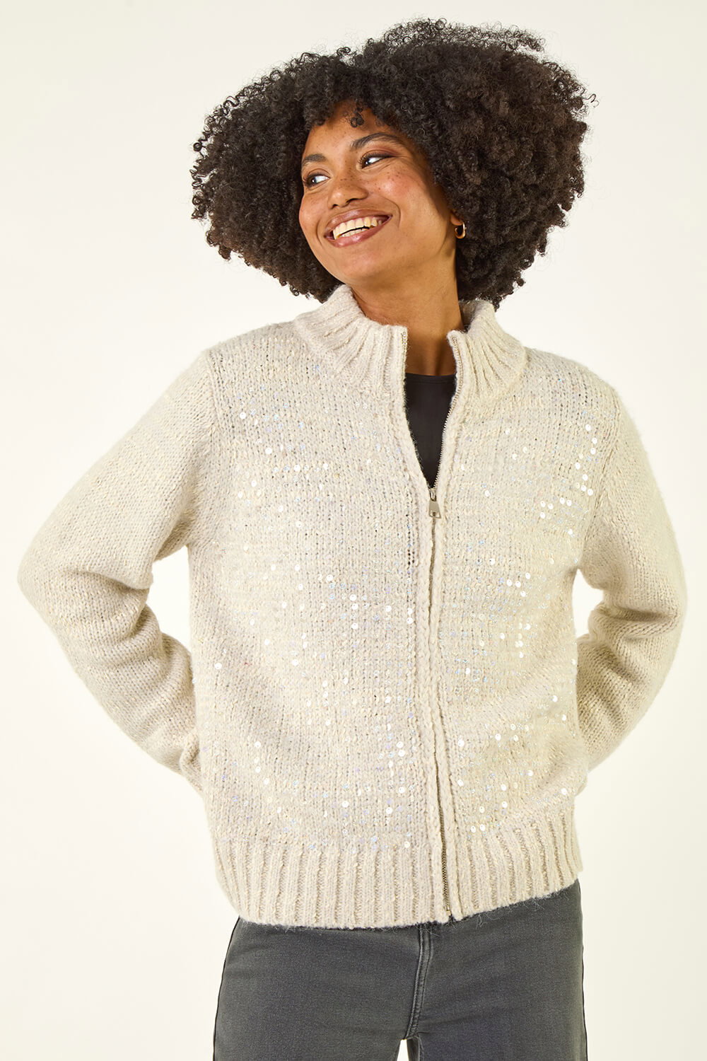 Light Grey Sequin Zip Knit Cardigan, Image 5 of 5