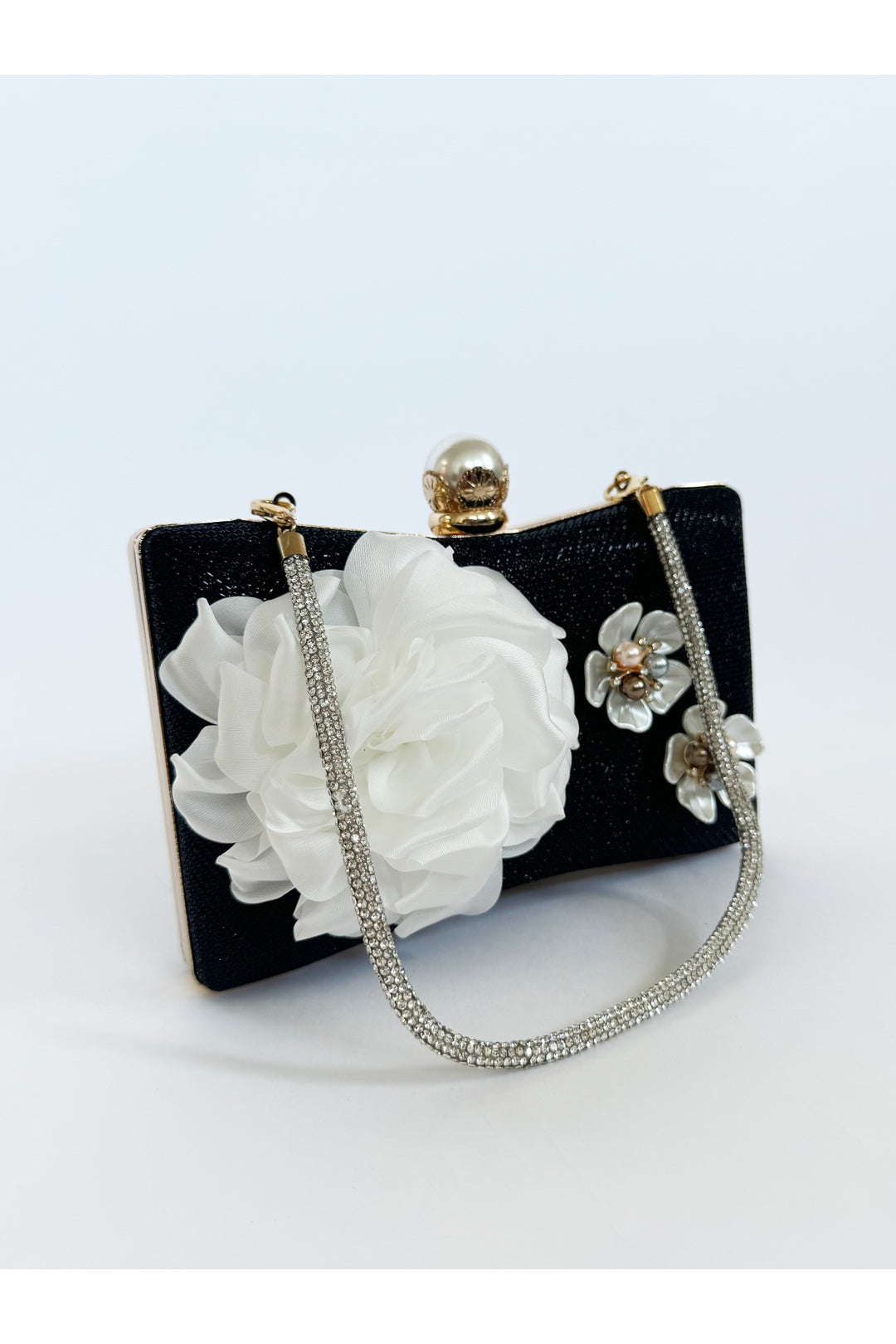 Black Square Clutch Bag with 3D Florals, Image 2 of 5