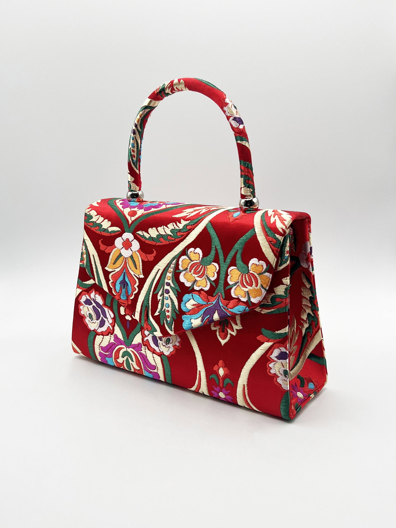 Red Floral Satin Embroidered Top Handle Bag in Red, Image 3 of 4