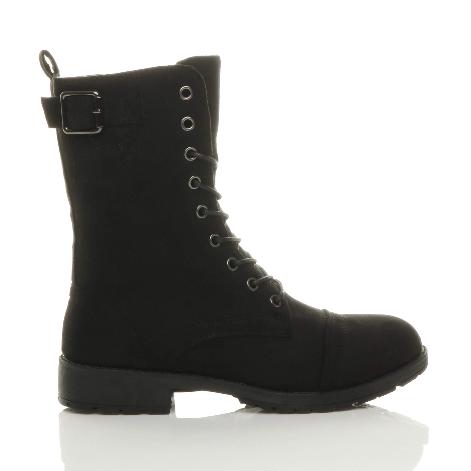 Black Lace Up Buckles Military Biker Ankle Boots, Image 2 of 6