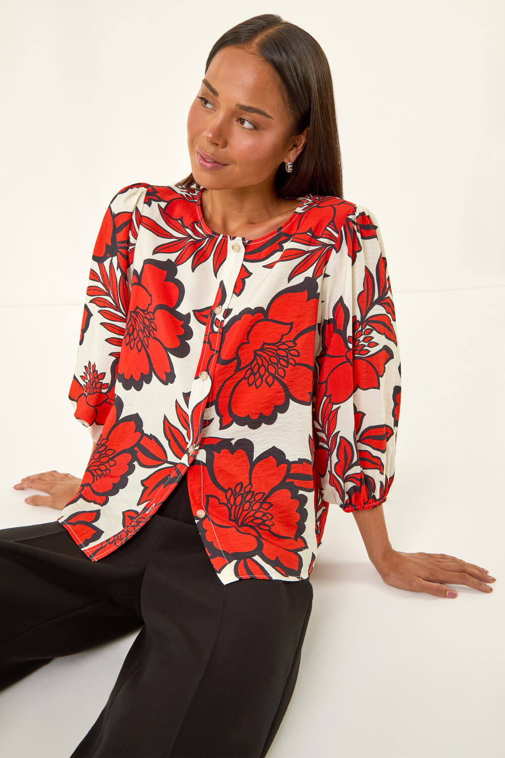 Red Petite Floral Buttoned Blouse, Image 1 of 5