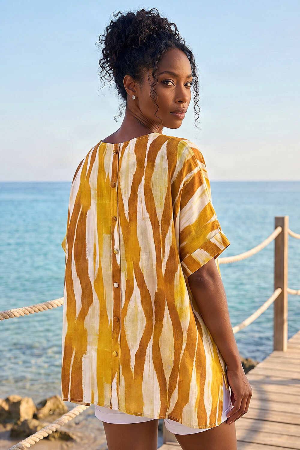 Orange Abstract Print Buttoned Tunic Top, Image 4 of 4