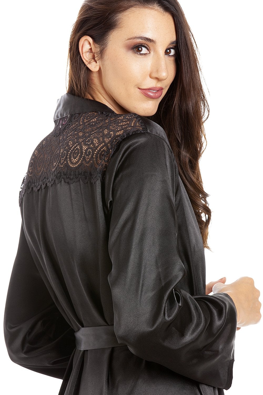 Black Camille Lingerie Black Full Length Long Sleeve Plain Satin Wrap, Image 5 of 5