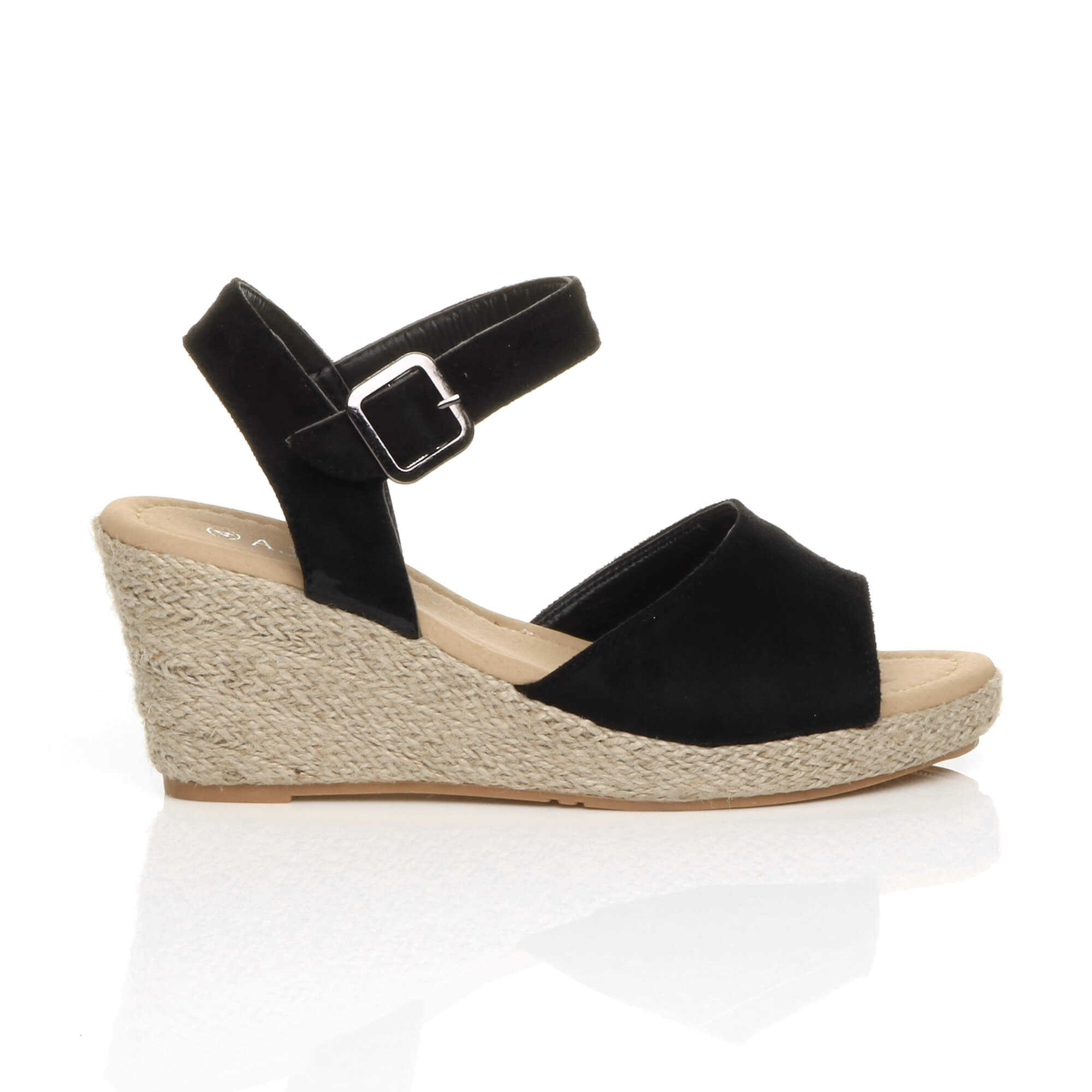 Black AJVANI Black Mid Wedge Heel Ankle Strap Sandals Espadrilles, Image 2 of 6