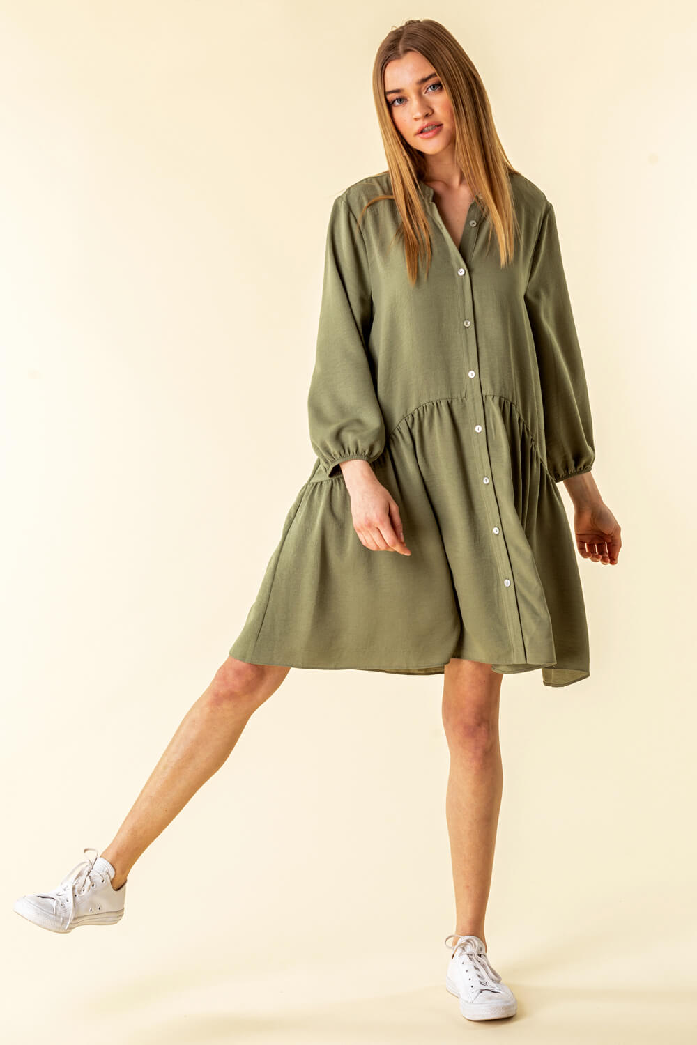 Khaki Dropped Waist Shirt Dress, Image 3 of 4