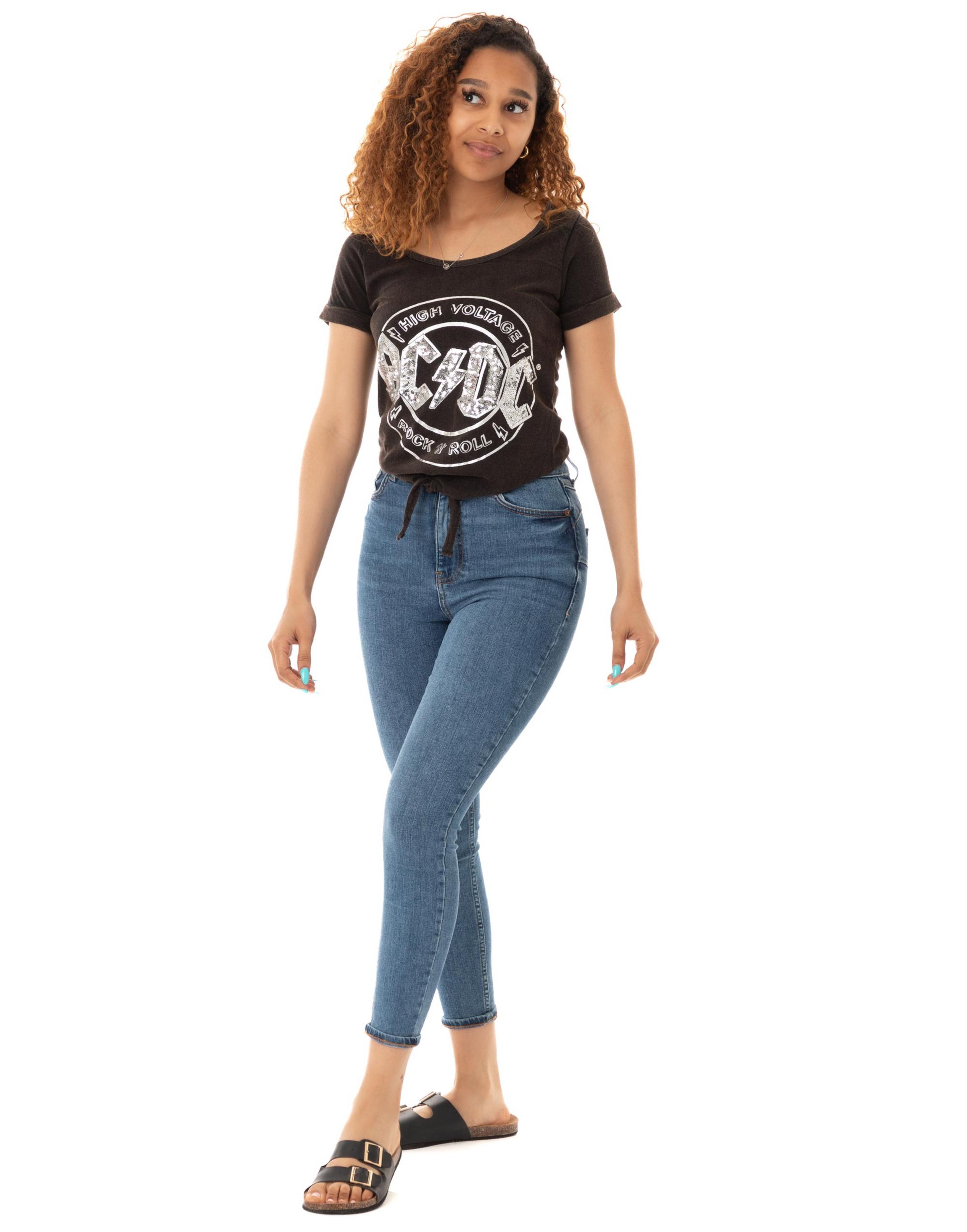 Black AC/DC High Voltage Sequin Acid Wash T-Shirt, Image 2 of 5
