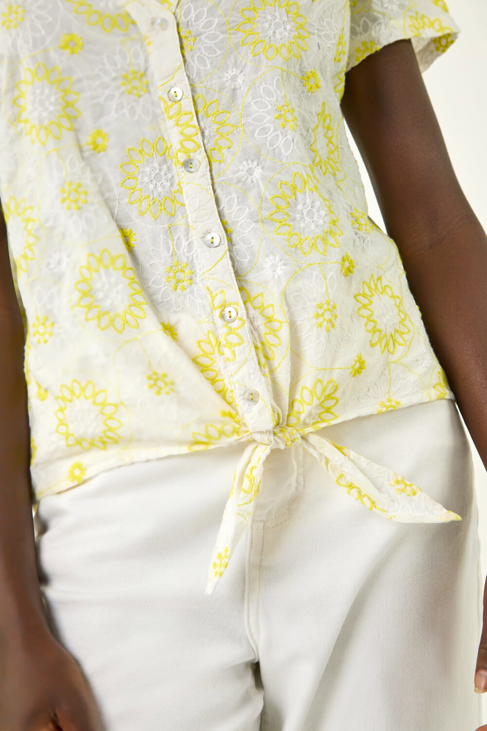 Yellow Cotton Broidery Tie Front Blouse, Image 1 of 5