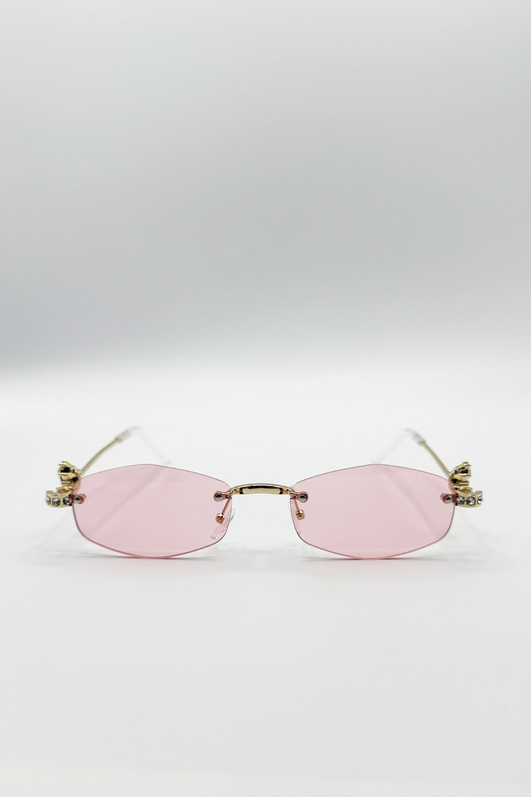 Pink Rimless Oval Diamante Sunglasses In Pink, Image 2 of 4