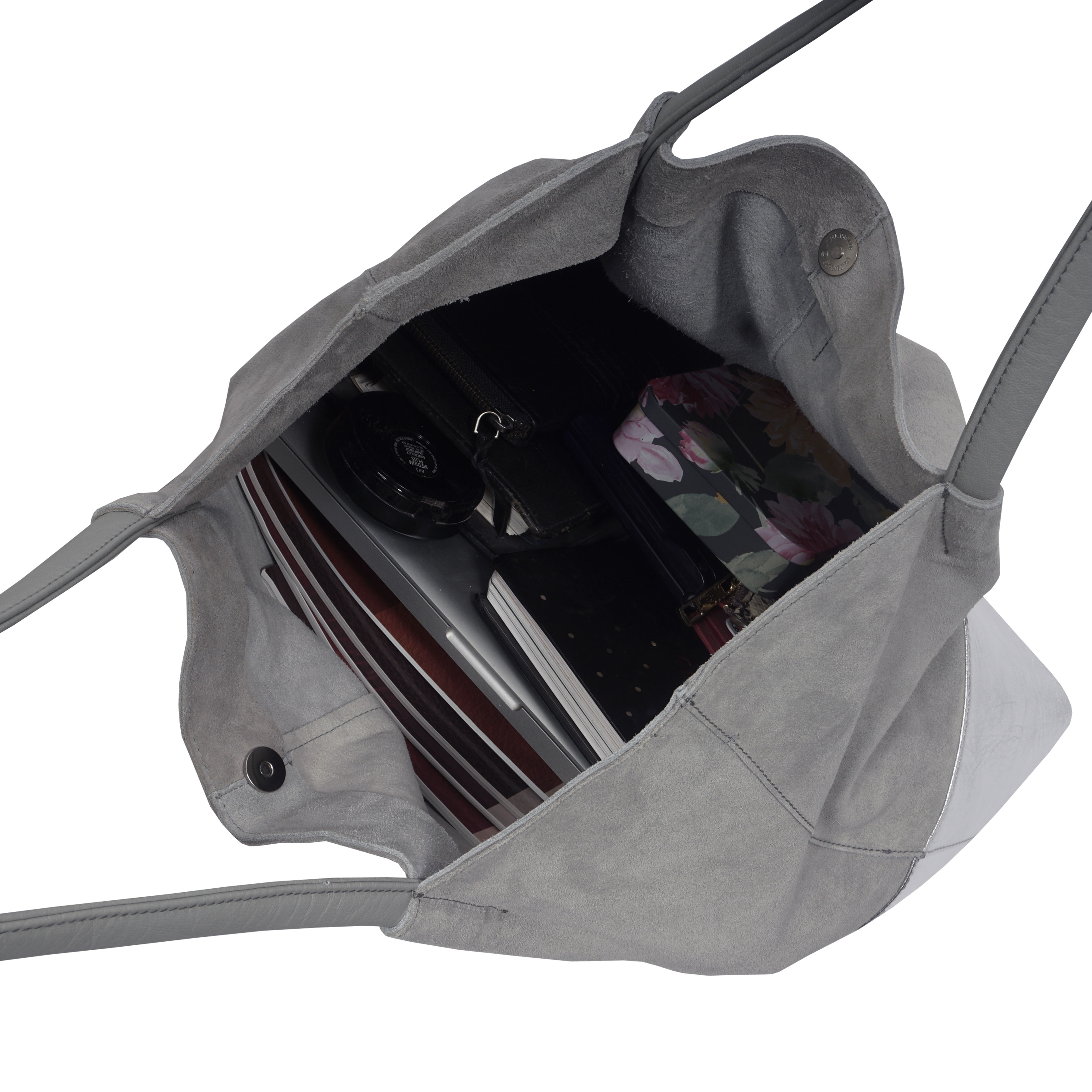 Silver 'DONNA' Metallic Real Leather Unlined Designer Shopper Bag, Image 3 of 4