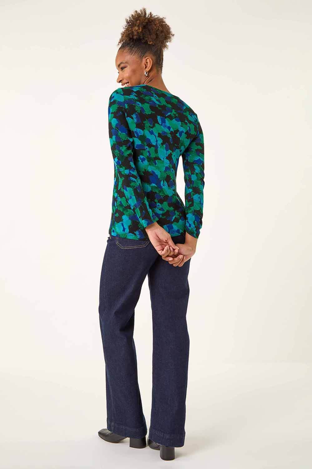 Green Printed V-Neck Stretch Top, Image 4 of 5