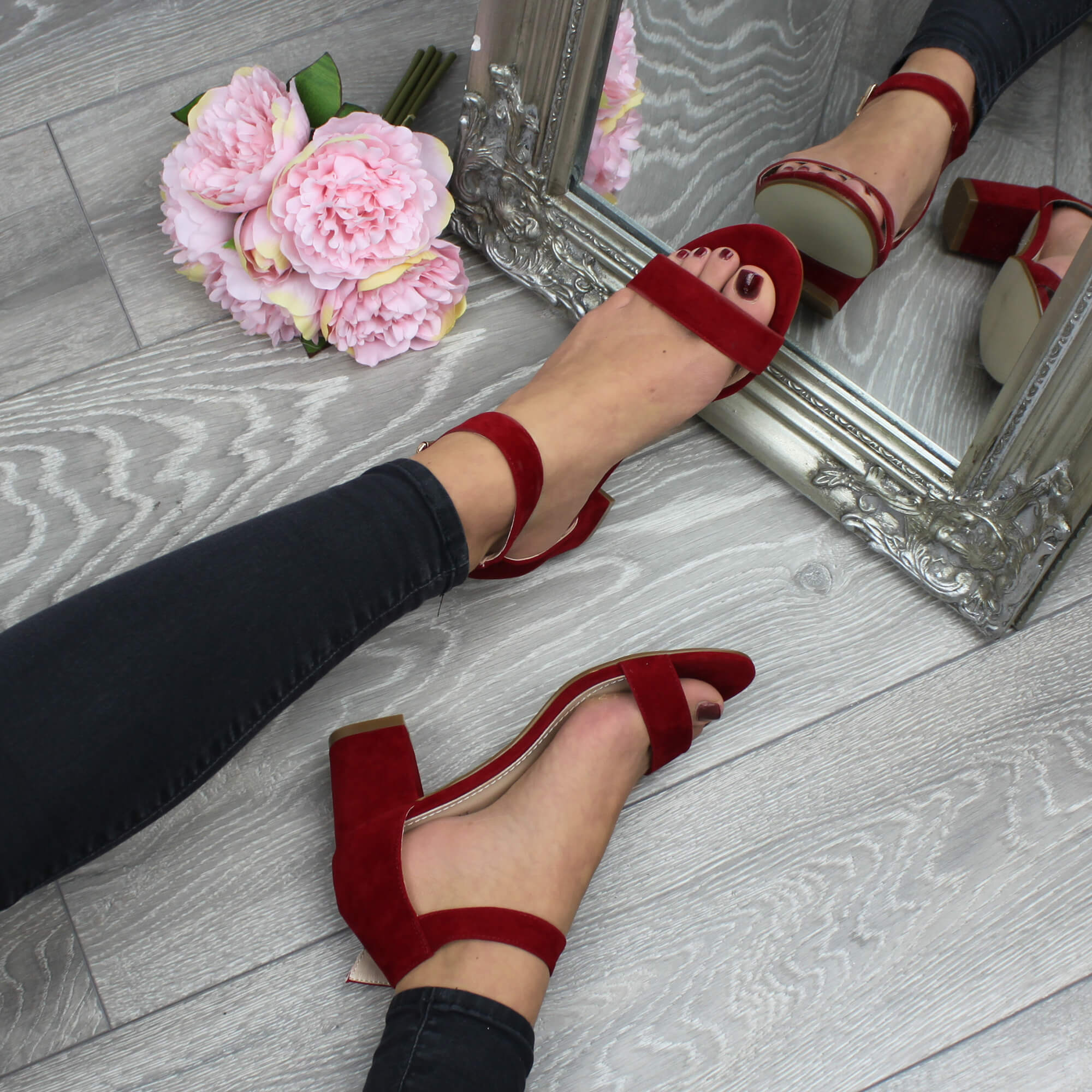 Red AJVANI Red Mid Block Heel Ankle Strap Sandals, Image 5 of 6