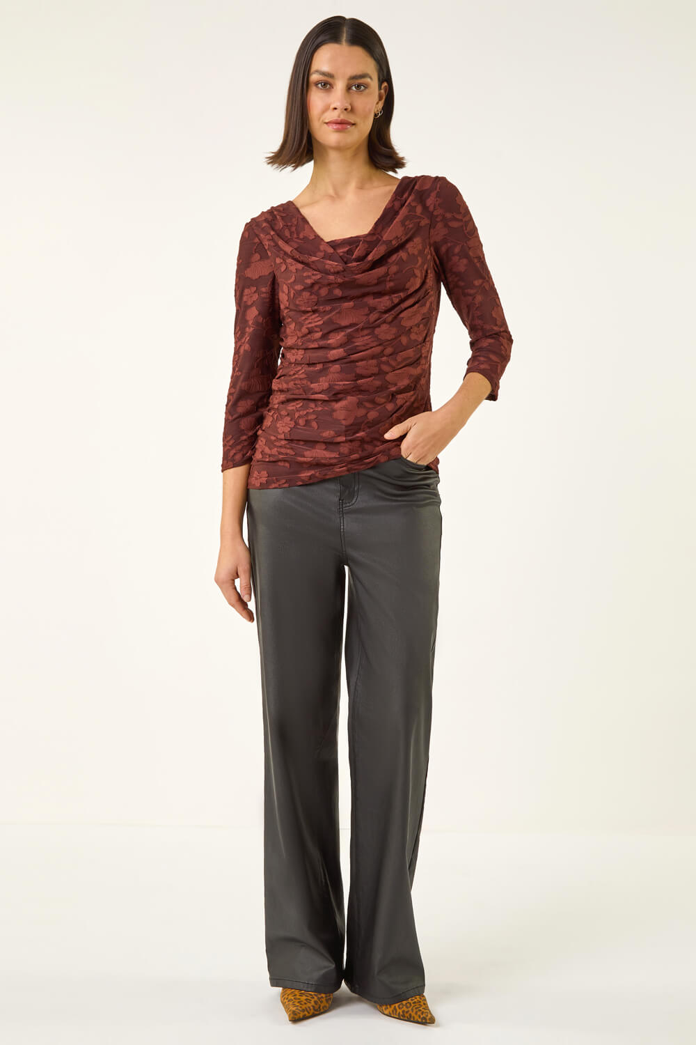 Chocolate Cowl Neck Jacquard Stretch Top, Image 3 of 5