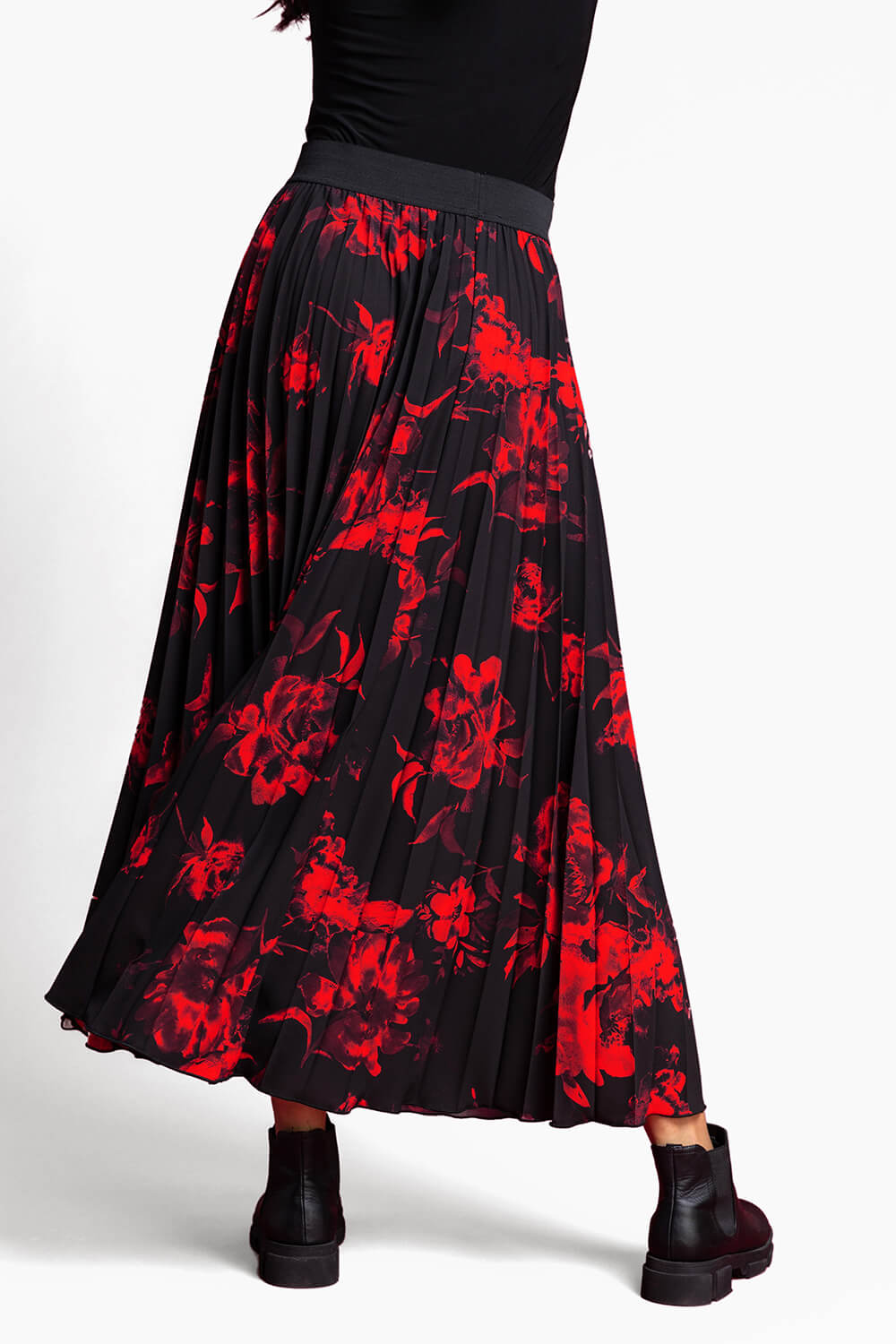 Red Floral Print Pleated Maxi Skirt, Image 3 of 4