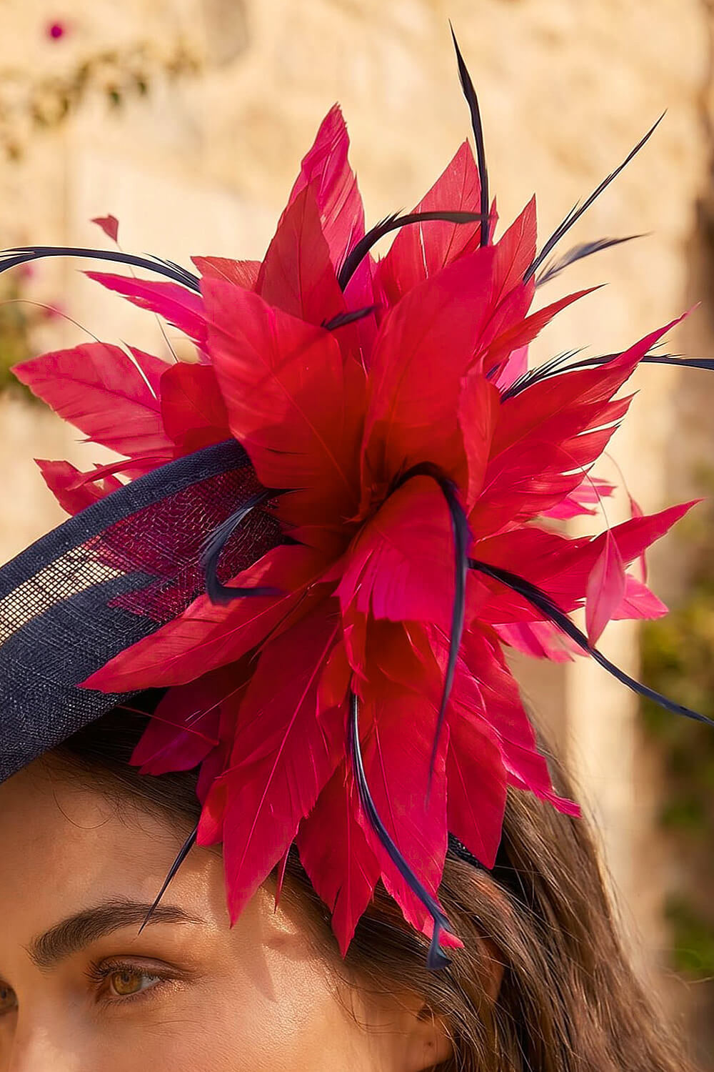 Fuchsia Large Contrast Feather Disc Fascinator , Image 4 of 4