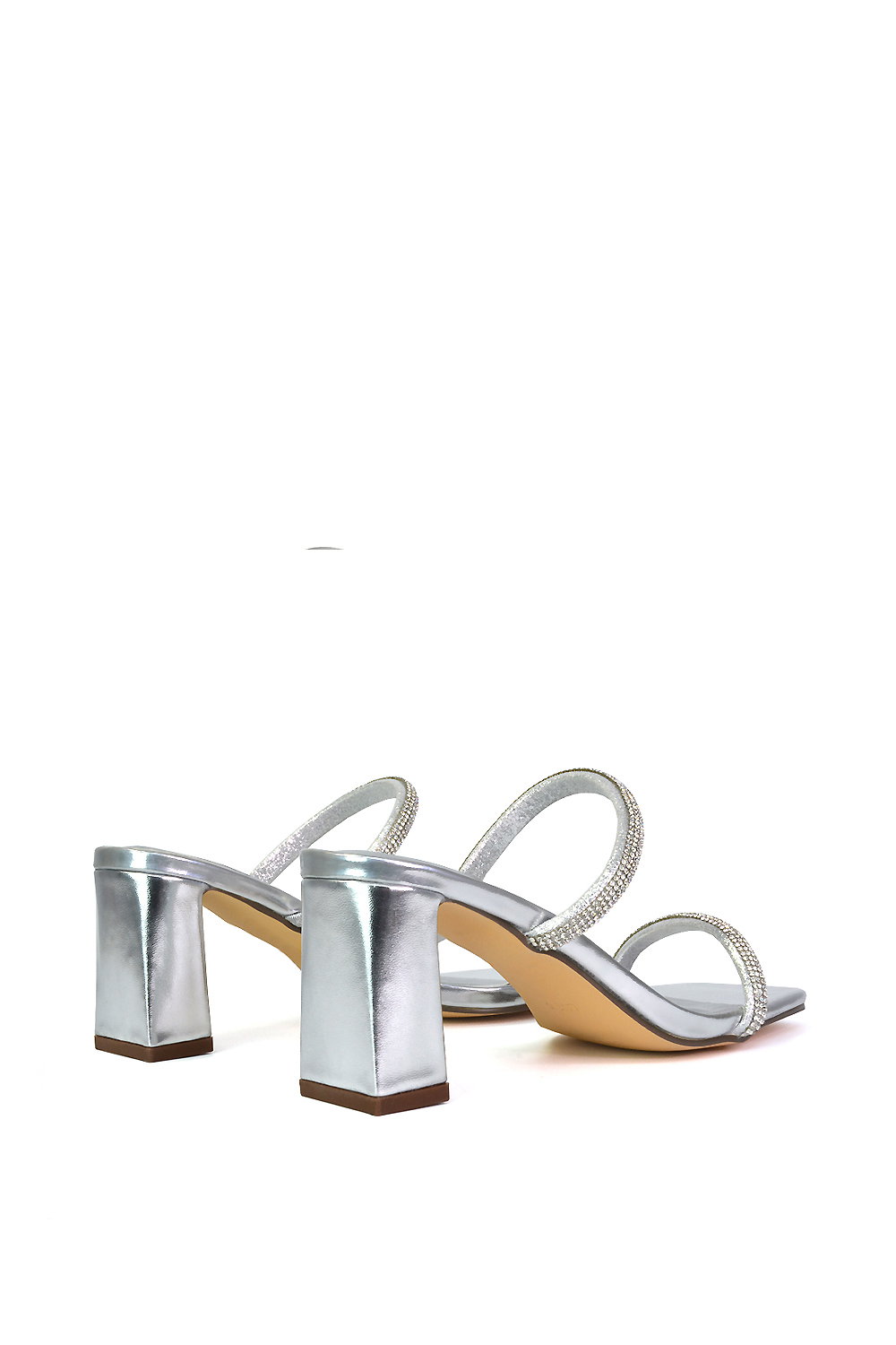 Silver XY LONDON Silver 'Holden' Diamante Strap Square Toe Mid Block Heel Sandal Mules, Image 5 of 5