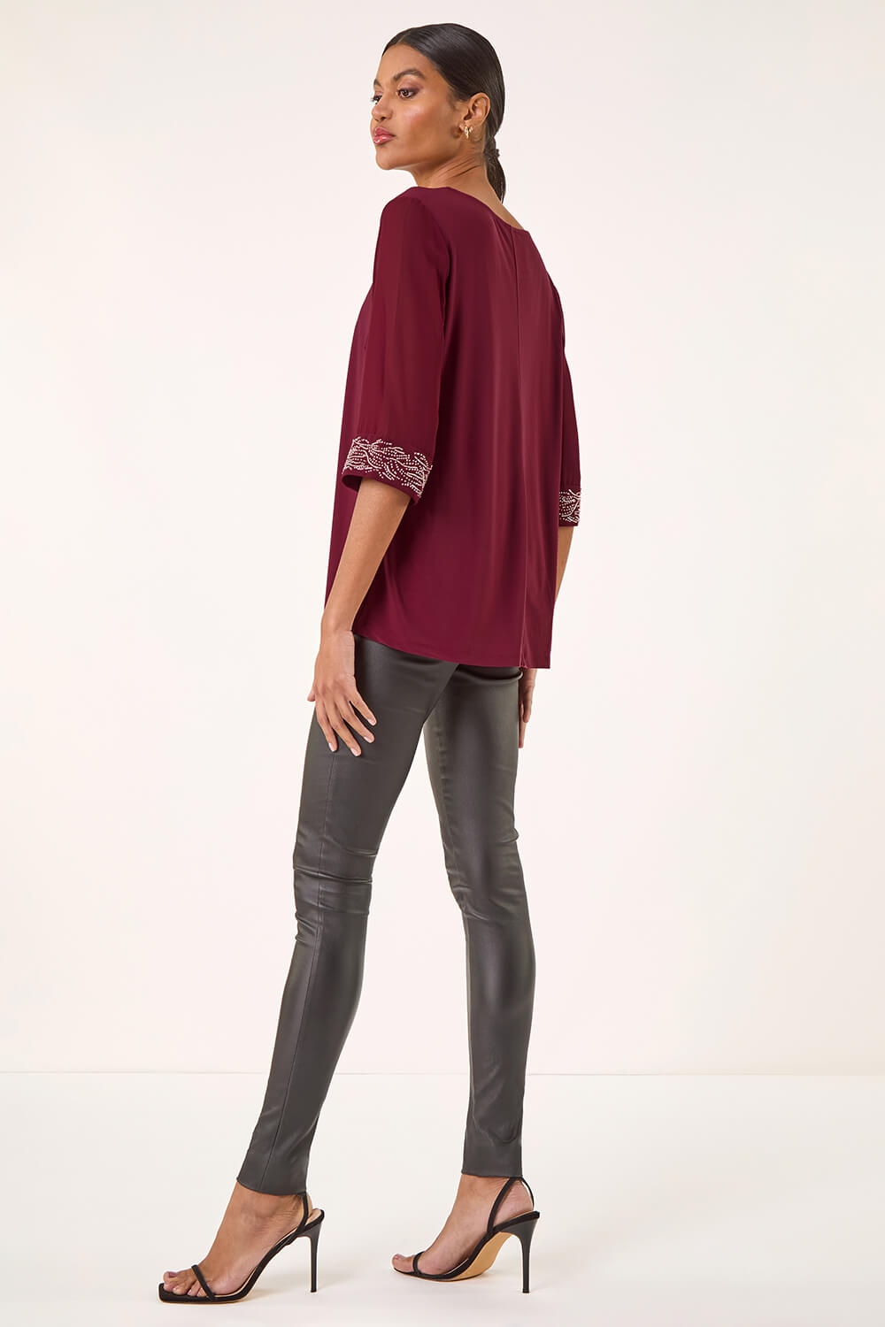 Red Embellished Cuff Chiffon Top, Image 4 of 5