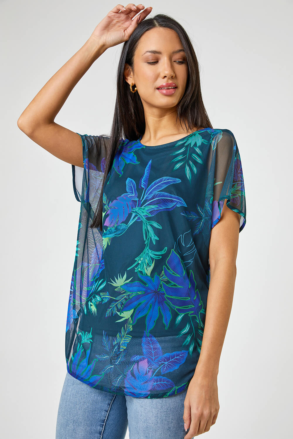 Navy Tropical Print Mesh Overlay Tunic Top, Image 1 of 4